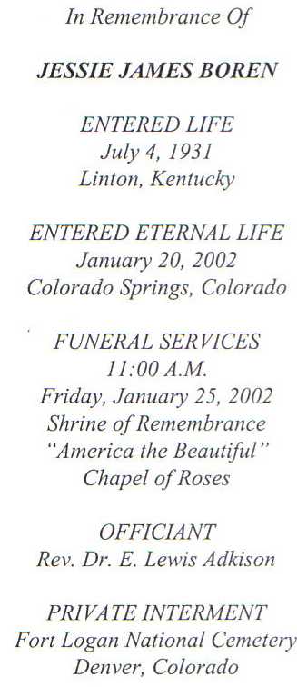 Jessie J. Boren Funeral Card